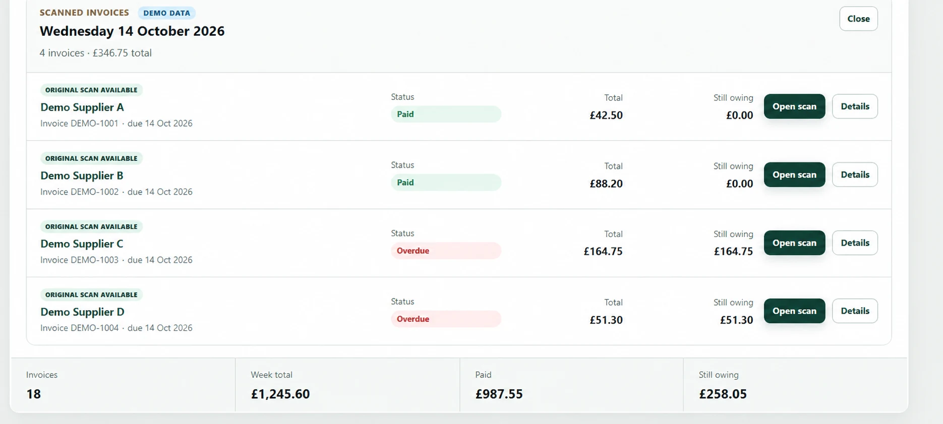 Empire Finance invoice matching screen using fictional demonstration suppliers and figures