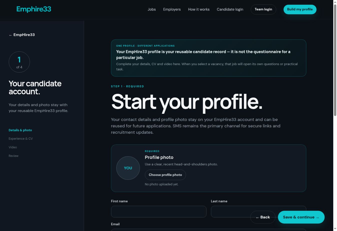 EmpHire33 candidate profile wizard with empty fictional demonstration fields