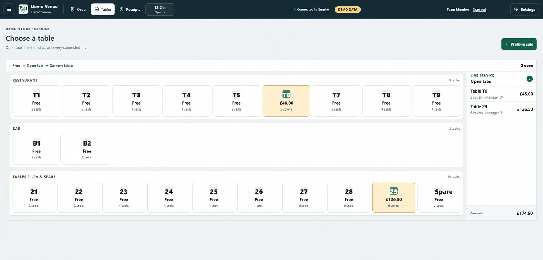 Empire POS table management screen using fictional demonstration data