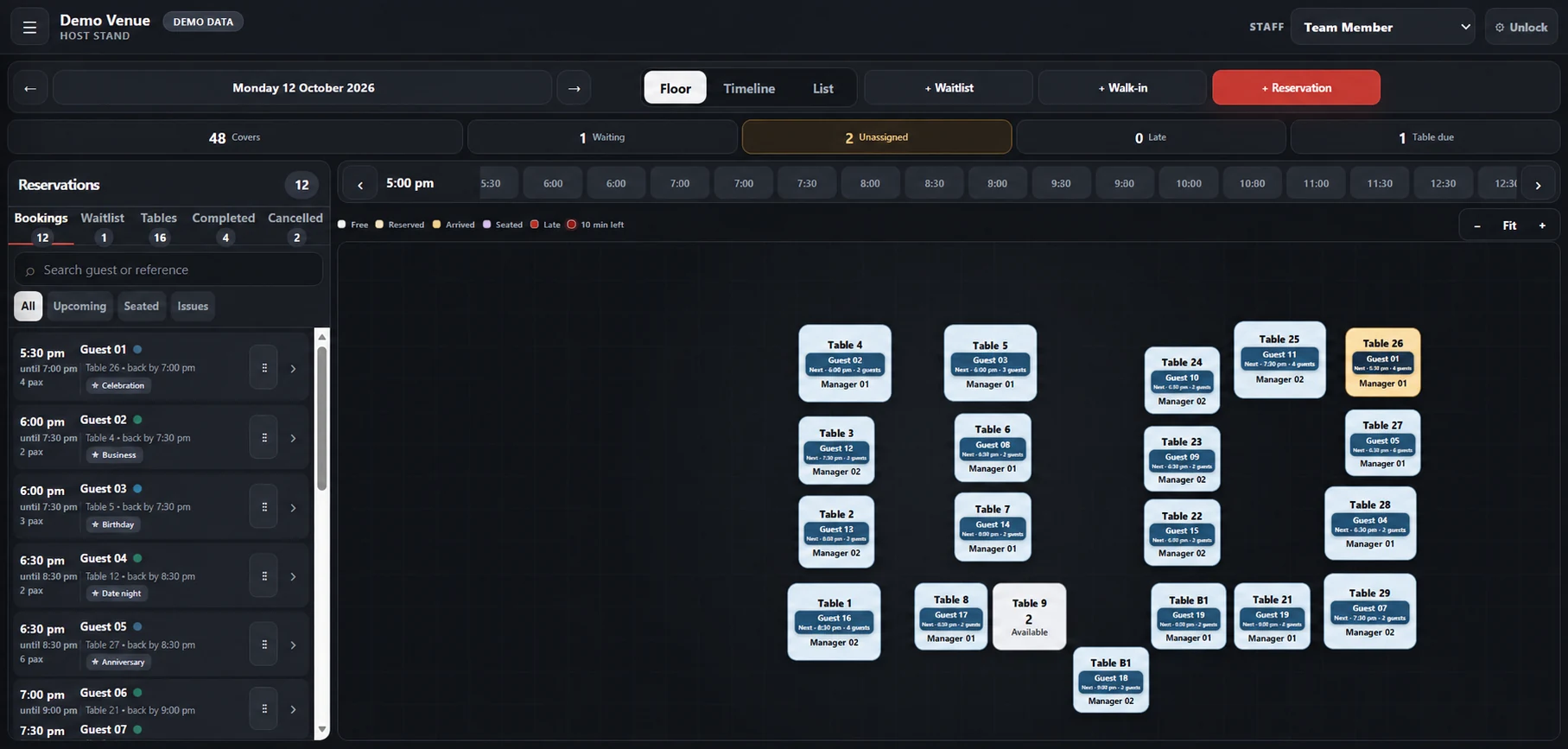 Reservations interface with fictional demonstration data